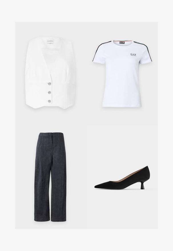 Débardeur blanc sans manches avec un décolleté en V plongeant, présentant une coupe cintrée et trois boutons en argent sur le devant. Tissu lisse et léger.; T-shirt en coton blanc à manches courtes, avec des rayures contrastantes noires et vertes sur les épaules et un petit logo EA7 sur la poitrine.; Pantalons larges gris foncé avec un tissage texturé subtil, taille haute et fermeture frontale dissimulée.; Escarpin noir pour femme à talon bas, bout pointu, talon kitten fin et évasé avec finition mate lisse, vu de profil.