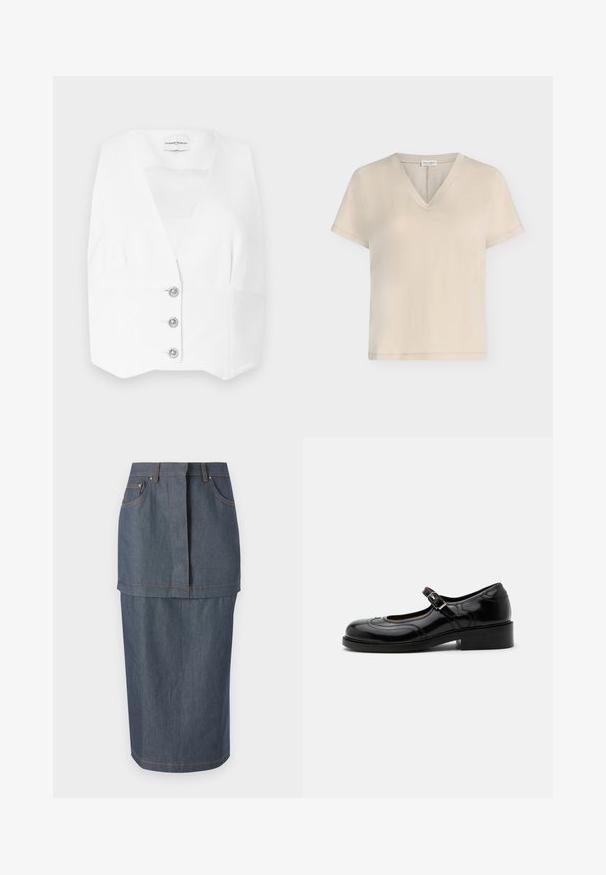 Hvid ærmeløs top med dyb V-hals, fremstillet i en skræddersyet pasform og tre sølvknapper nedad foran. Glat, letvægtsstof.; Beige T-shirt med korte ærmer og V-hals med enkelt design og lige kant, vist mod en neutral baggrund.; Jeanskjorte i en mørkeblå nuance, med forlommer, en tætsiddende talje og en knælængde, prydet med kontraststing.; Sort blank lak Mary Jane-sko med lav blokhæl og sølvspænde, vist i sideprofil på hvid baggrund.