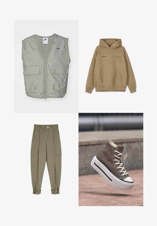 Lys grøn Nike vest med V-hals, mesh-detaljer, lynlås foran og to rummelige klaplommer. Har et lille sort logo på brystet.; Beige hættebluse i fleece materiale, med en frontlomme, ribbede mansjetter og broderede logoer på brystet.; Olivengrøn cargo-bukser lavet af blødt stof, med to frontlommer, plisseret design og manchetter med justerbare fastgøringer.; Højt skåret grå lærredssneaker med hvide snørebånd og tyk hvid platformsål, svævende over en lyserød betonoverflade nær et stentrappe.