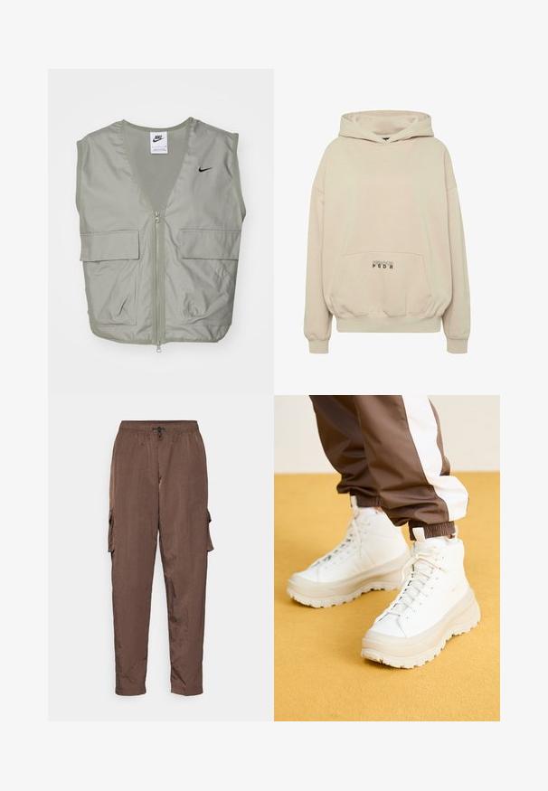 Svetlozelená vesta Nike s výstrihom do V, sieťovinovým detailom, predným zipsom a dvoma priestrannými vreckami na klopu. Na hrudi sa nachádza malé čierne logo.; Béžová mikina s kapucňou s predným vreckom, rebrovanými manžetami a šnúrkou na kapucni. Na oblasti vrecka je potlačený nápis "PECADOR PGDR".; Nike Sportswear ESSNTL - Kapsáče - baroque brown/sail; Biele vysoké tenisky s hrubou štruktúrovanou podrážkou, majúce hladký zvršok, okrúlu špičku a zladené šnúrky, na žltom pozadí.