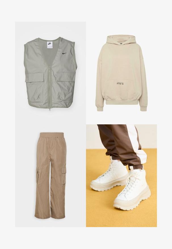 Svetlozelená vesta Nike s výstrihom do V, sieťovinovým detailom, predným zipsom a dvoma priestrannými vreckami na klopu. Na hrudi sa nachádza malé čierne logo.; Béžová mikina s kapucňou s predným vreckom, rebrovanými manžetami a šnúrkou na kapucni. Na oblasti vrecka je potlačený nápis "PECADOR PGDR".; Even&Odd Kapsáče - beige; Biele vysoké tenisky s hrubou štruktúrovanou podrážkou, majúce hladký zvršok, okrúlu špičku a zladené šnúrky, na žltom pozadí.