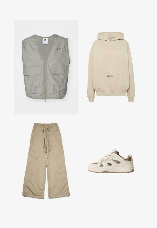 Vihreä Nike-liivi, jossa on V-kaula-aukko, verkkokankaiset yksityiskohdat, etuvetoketju ja kaksi tilavaa läppätaskua. Rinnassa on pieni musta logo.; Beige collegepaita, jossa on etutasku, resorit hihansuissa ja kiristysnyöri huppuosassa. "PECADOR PGDR" -teksti painettuna taskualueelle.; Beige cargo-housut jossa on vetoketjullinen vyötärö, useita sivutaskuja ja rento istuvuus. Valmistettu kevyestä, sileästä kankaasta, jossa on ompelut yksityiskohtia.; Valkoinen ja beige tennari verkkopaneeleilla, pyöreällä kärjellä, paksulla pohjalla ja nauhakiinnityksellä. Sisältää rakenteellisia yksityiskohtia ja kuvioitua pohjaa.