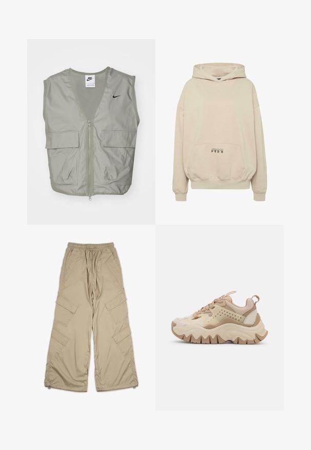 Lys grøn Nike vest med V-hals, mesh-detaljer, lynlås foran og to rummelige klaplommer. Har et lille sort logo på brystet.; Beige hættetrøje med en forlomme, ribbede manchetter og snøre i hætten. "PECADOR PGDR" tekst trykt på lommedelen.; Beige cargo bukser med snoretræk i taljen, flere sidelommer og en afslappet pasform. Lavet af letvægts, glat stof med syning detaljer.; Beige og creme sneakers med en tekstureret overdel, perforerede sider og en bølget sål. Har snørebånd og en pull-tab på hælen.