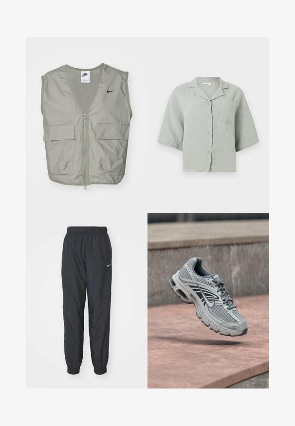 Lys grøn Nike vest med V-hals, mesh-detaljer, lynlås foran og to rummelige klaplommer. Har et lille sort logo på brystet.; Lysegrøn kortærmet skjorte med tekstureret stof, en brystlomme foran og en afslappet krave.; Sorte Nike træningsbukser lavet af letvægtsstof, med elastisk talje og mansjetter, samt et lille hvidt logo på venstre ben.; Lys grå og hvid Nike løbesko med mesh-design, svævende over en stenet overflade udendørs.