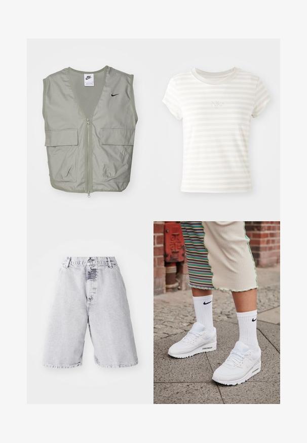Lys grøn Nike vest med V-hals, mesh-detaljer, lynlås foran og to rummelige klaplommer. Har et lille sort logo på brystet.; Hvidstribet kortærmet t-shirt lavet af blød bomuld. Har en rund halsudskæring og et lille broderet Nike-logo på brystet.; Lysgrå denimshorts med en falmet tekstur. Har en knap- og lynlåslukning, bæltestropper og et lige ben-design.; Hvide Nike Air Max 90 sneakers med mesh og læderoverdel, der har en synlig luftenhed, parret med hvide ribbede sokker med sort logo.