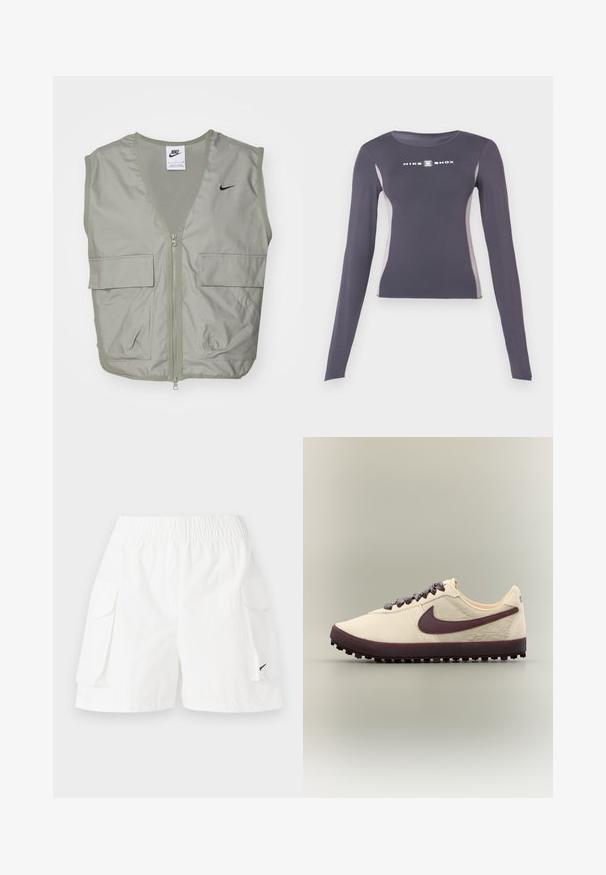 Svetlozelená vesta Nike s výstrihom do V, sieťovinovým detailom, predným zipsom a dvoma priestrannými vreckami na klopu. Na hrudi sa nachádza malé čierne logo.; Tmavošedý dlhý rukáv priliehavý športový top s svetlošedými bočnými panelmi a bielym logom "Nike Shox" na hrudi.; Biele cargo šortky s elastickým pásom, dvoma bočnými vreckami a malým čiernym logom na dolnej strane. Ľahký materiál, ležérny dizajn.; Krémovo-farebná teniska Nike s tmavohnedým logom, tkaničkami a podrážkou, zobrazená z boku na neutrálnom pozadí.