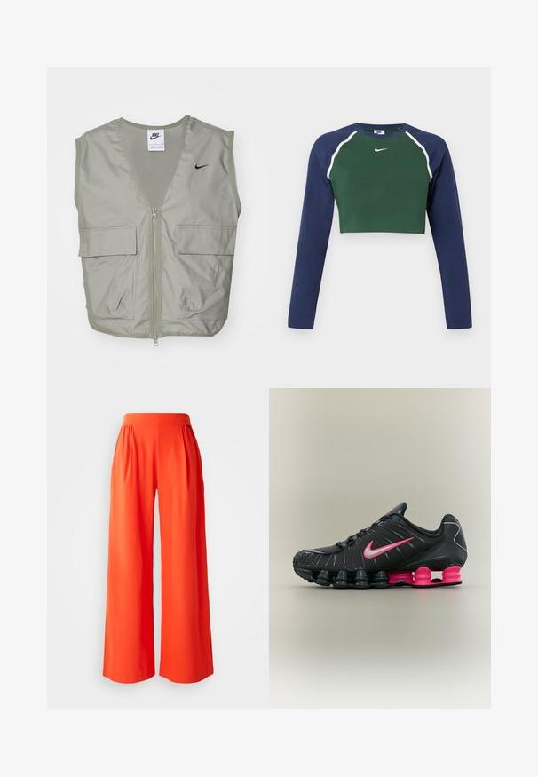 Heled roheline Nike vest V-kaelusega, võrgumaterjaliga detailid, esikraan ja kaks avarat klapikotid. Rinnal on väike must logo.; Pikad varrukad, lühendatud sweatshirt, millel on tume roheline eesmine osa, tumesinised varrukad, valged pipingud ja valge Nike swoosh logo rinnal.; Laiad püksid, mis on valmistatud siledast, erksast oranžist kangast. Omavad kõrget vööd ja voltimist, et tagada mugav istuvus. Puhtad, lihtsad jooned.; Mustro-roosa Nike spordijalanõu nähtavate õhkkaitsepodidega tallal ja roosa Nike logoga küljel.