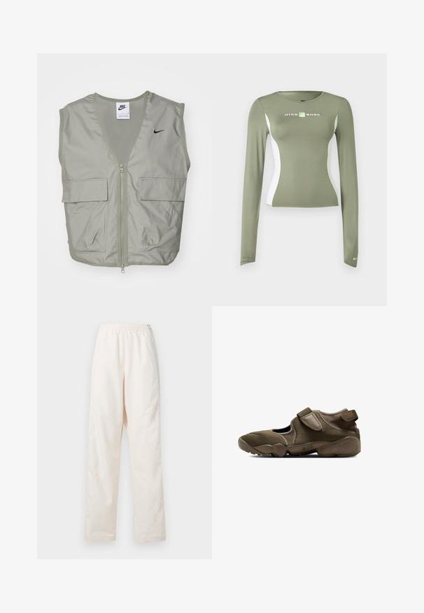 Light green Nike vest with a V-neck, mesh detailing, front zipper, and two spacious flap pockets. Features a small black logo on the chest.; Olive green long-sleeve Nike Shox top with white side panels and neon green accents, fitted cut, and small swoosh logo on sleeve cuff.; Loose-fit, elastic-waist cream-colored trousers with a straight leg cut, displayed against a plain white background.; Brown athletic slip-on shoe with adjustable strap, cutout sides, and cushioned sole marked with "AIR" on the midsole.