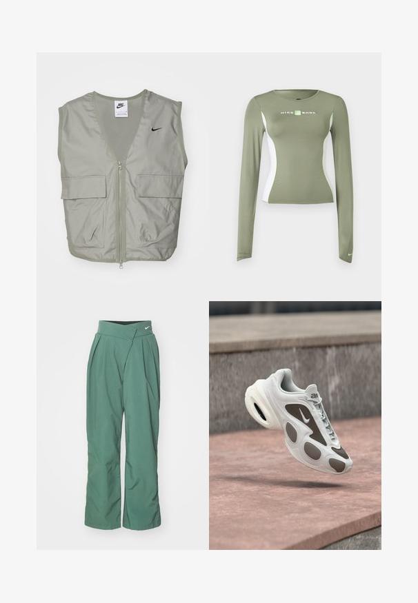 Heled roheline Nike vest V-kaelusega, võrgumaterjaliga detailid, esikraan ja kaks avarat klapikotid. Rinnal on väike must logo.; Õlivärvi rohelise pika varrukaga Nike Shox topp, valgete külgpaneelide ja neoonroheliste aktsentidega, keha järgiva lõikega ning väikese Swooshi logoga varruka mansetil.; Nike Sportswear TROUSER - Püksid - vintage green/light army; Valge ja hall Nike toss, mis hõljub kivi kohal, esiküljel paeltega ja nähtava õhupehmendusega tallal.