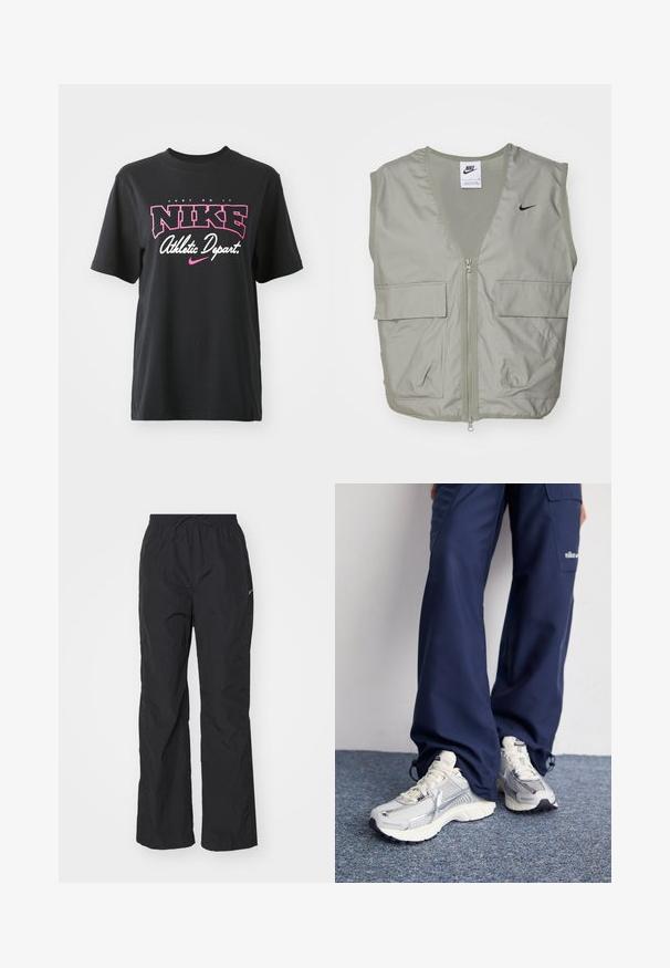 Lys grøn Nike vest med V-hals, mesh-detaljer, lynlås foran og to rummelige klaplommer. Har et lille sort logo på brystet.; Sort bomulds T-shirt med grafisk print i pink og hvid med teksten "JUST DO IT," "NIKE," og "Athletic Depart." Standard pasform.; Sorte, letvægtsbukser med elastisk talje og snøre. Har en tekstureret overflade og et lille reflekterende logo på siden.; Nike sportssko med en sølvfarvet mesh-overdel, hvide detaljer og strukturerede såler, parret med løstsiddende navy bukser.