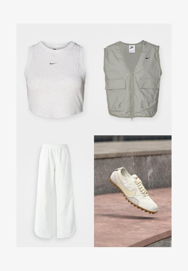 Svetlozelená vesta Nike s výstrihom do V, sieťovinovým detailom, predným zipsom a dvoma priestrannými vreckami na klopu. Na hrudi sa nachádza malé čierne logo.; Biely crop top vyrobený z jemnej, textúrovanej látky. Má okrúhly výstrih a bezrukávový dizajn so malým zlatým logom Nike na prednej strane.; Biele široké športové nohavice s ribbovaným pásom a jemným logom. Hladká tkanina s uvoľneným strihom a zúženým lemom.; Biela a béžová športová obuv so šnúrkami a gumovou podrážkou vznášajúca sa nad kamenným povrchom s rozmazaným betónovým pozadím.