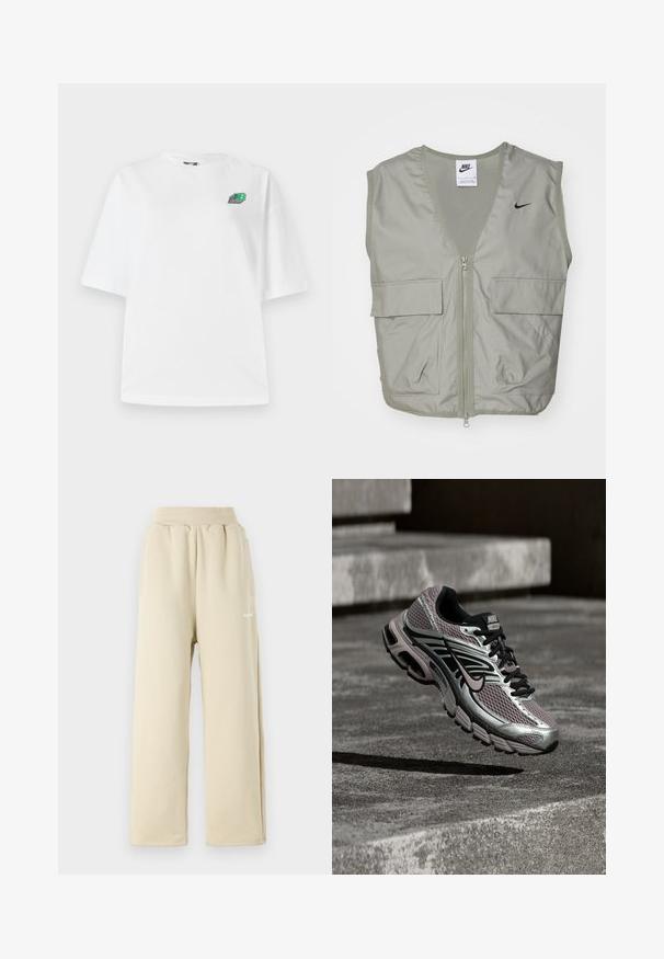 Lys grøn Nike vest med V-hals, mesh-detaljer, lynlås foran og to rummelige klaplommer. Har et lille sort logo på brystet.; Hvid bomulds T-shirt med kortærmer, oversized pasform, med et lille multicolor logo på venstre brystområde. Glat tekstur.; Beige brede sweatpants lavet af blødt stof, med elastisk talje, sidelommer og lille broderet logo detaljer.; Nike Air Max løbesko med sølv, sort og lilla mesh, vist i luften over en betonoverflade og trin.