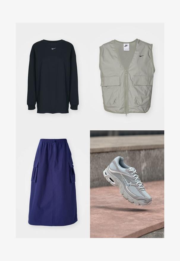 Lys grøn Nike vest med V-hals, mesh-detaljer, lynlås foran og to rummelige klaplommer. Har et lille sort logo på brystet.; Sort langærmet T-shirt lavet af bomuld med rund hals. Har et hvidt Nike-logo på brystet. Blød tekstur, enkelt design.; Marineblå, mellemlang nederdel med elastisk talje, der har to sidelommer og et minimalistisk logodesign. Glat stofstruktur.; Lysegrå og hvid Nike-løbesko med mesh og polstret sål, vist i luften mod en baggrund af betontrapper.