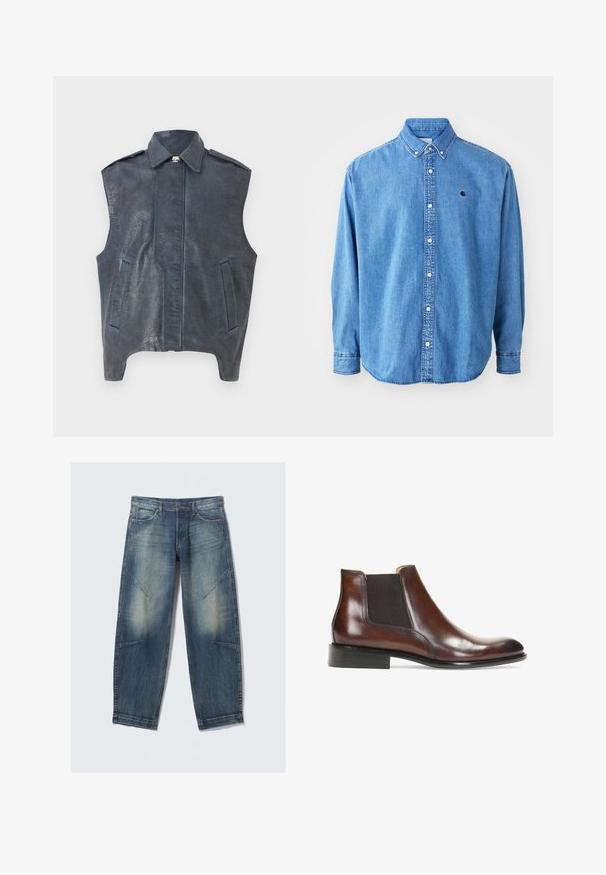 Ærmeløs mørkeblå lædervest med en struktureret krave, frontsnit og to sidelommer. Tekstureret overfladedetalje tilføjer visuel interesse.; Denim button-down skjorte, lyseblå i farven, med krave, lange ærmer og et lille logo på brystet. Har hvide knapper og syninger.; Lyseblå denimjeans med løs pasform, med falmede pletter, frontlommer og diagonale sømdetaljer. Design med lige ben.; Brun læder ankelstøvle med elastiske sidepaneler, en glat overflade, stikninger og en lav rektangulær hæl.