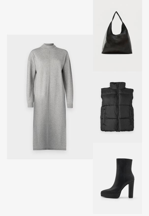 Gilet sans manches rembourré noir avec fermeture éclair sur le devant et col haut, comportant deux poches avant sur un fond uni.; Robe grise à mancherons longs, réalisée en tissu doux, avec un col montant et une coupe droite dotée d'une couture au centre avant.; Bottine noire en cuir texturé, avec un bout pointu, une plateforme épaisse et un talon bloc haut. Surface lisse, détails minimalistes.; Sac bandoulière en cuir noir lisse avec une large sangle unique et un design décontracté et minimaliste sur un fond uni.
