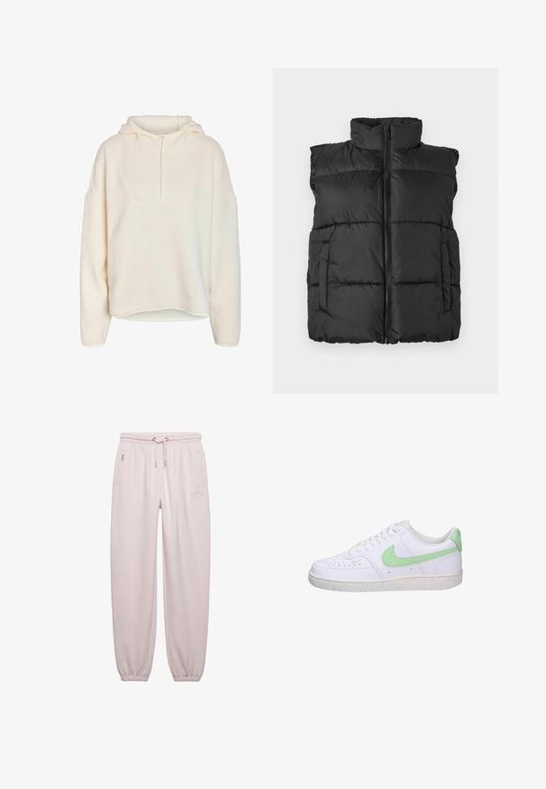 Chaleco negro sin mangas, acolchado, con cremallera frontal y cuello alto, que presenta dos bolsillos frontales sobre un fondo liso.; Noisy May Half-Zip Fleece NMCOZY - Suéter de forro polar - eggnog; Pantalones deportivos de color rosa claro con cintura y puños elásticos, cordón frontal y bolsillos laterales.; Zapatilla blanca con una parte superior de cuero texturizado, con un logo swoosh de color verde claro, cordones blancos y una suela ligeramente moteada.