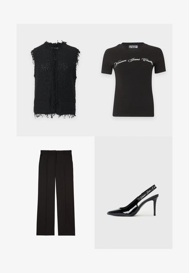 Chaleco negro sin mangas con un diseño tejido texturizado, bordes deshilachados y sin cierres; cuenta con dos bolsillos delanteros y un frente abierto.; Camiseta negra de manga corta con el texto en cursiva blanco "Versace Jeans Couture" en el pecho y etiqueta de la marca a juego en el interior del cuello.; Pantalones negros ajustados hechos de una tela suave, con un diseño de pierna recta y dos bolsillos laterales. Construcción elegante y minimalista.; Zapato de tacón slingback de charol negro con diseño de punta afilada, que presenta una sección cortada y una banda elástica grabada con el nombre de la marca.