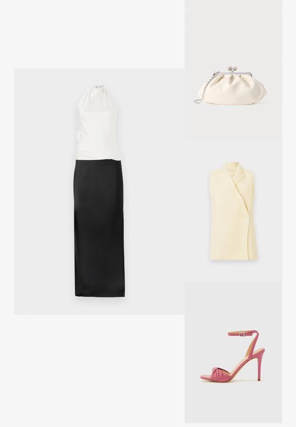 Blazer jaune sans manches avec un col à revers, une fermeture à bouton unique et une coupe ajustée. Tissu doux avec une texture lisse.; Robe dos nu avec un haut blanc ajusté et une jupe longue en satin noir fluide. Texture lisse, design minimaliste et silhouette longue jusqu'au sol.; Sandale à talon haut en cuir rose avec bout ouvert, détail plissé à l'avant et bride ajustable à la cheville. Texture lisse et talon stiletto fin.; Pochette en tissu crème avec un design froncé, cadre en métal argenté, deux boules décoratives, et une bandoulière chaîne argentée.