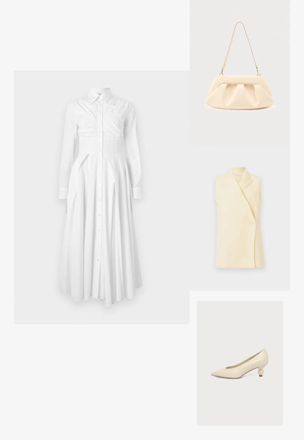 Mouwloze gele blazer met een gekartelde kraag, een enkele knopenclosure en een getailleerde pasvorm. Zachte stof met een gladde textuur.; Witte katoenen jurk met lange mouwen, knoopsluiting aan de voorkant, geplooide rok en een getailleerde taille. Heeft een gestructureerd ontwerp en een zachte textuur.; Crèmekleurige pumps met een puntige neus en een lage, unieke bolvormige hak op een effen witte achtergrond.; Handtas van crème-kleurig leer met geplooide plooien, gouden hardware en een enkele dunne schouderband op een effen achtergrond.