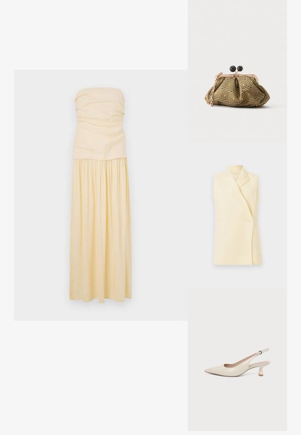 Blazer jaune sans manches avec un col à revers, une fermeture à bouton unique et une coupe ajustée. Tissu doux avec une texture lisse.; Robe sans bretelles, longueur sol en coton jaune clair. Corsage froncé avec jupe plissée pour un tombé doux. Texture lisse et design minimal.; Chaussure slingback couleur crème à bout pointu avec un petit talon bas incurvé et une bride réglable à boucle.; Petite pochette avec motif géométrique doré et noir, cadre en métal doré, fermeture à boule noire et une courte chaîne dorée.