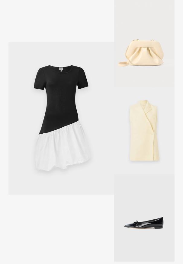 Mouwloze gele blazer met een gekartelde kraag, een enkele knopenclosure en een getailleerde pasvorm. Zachte stof met een gladde textuur.; Zwart-witte jurk met korte mouwen, aansluitende zwarte top en een wijd uitlopende witte rok. De rok heeft een geplooide textuur aan de onderkant.; Zwarte gepatenteerde leren platte schoen met een puntige neus, een kleine decoratieve band en een lage blokhak. Gladde textuur en strak ontwerp.; Beige zachte leren clutch met gestructureerd frame en geplooid voorkantdetail, voorzien van een dunne polsriem en een gouden rits.
