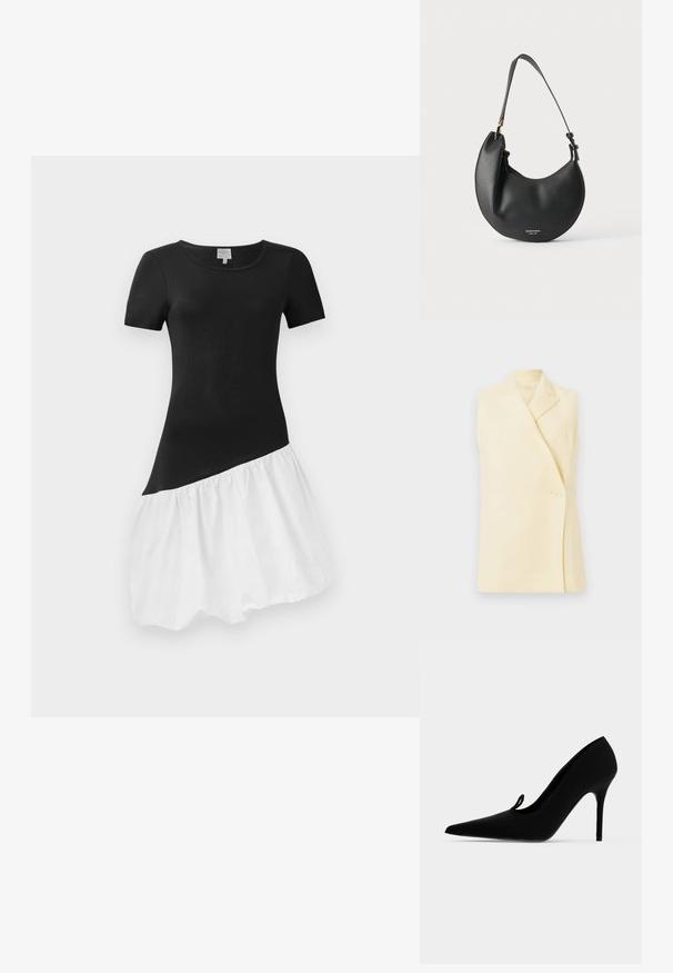 Blazer sin mangas amarillo con solapa, cierre de un solo botón y forma entallada. Tejido suave con una textura lisa.; Vestido en blanco y negro con mangas cortas, parte superior negra ajustada y una falda blanca acampanada. La falda tiene una textura recogida en el dobladillo.; Zapato de tacón alto de punta negra con tacón de aguja y pequeño detalle de lazo en la parte superior, mostrado desde el perfil izquierdo.; Bolso de cuero negro en forma de media luna con correa ajustable y pequeño texto de logo blanco en el frente contra un fondo claro.