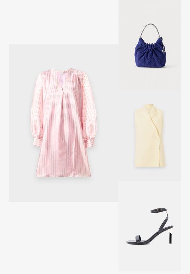 Mouwloze gele blazer met een gekartelde kraag, een enkele knopenclosure en een getailleerde pasvorm. Zachte stof met een gladde textuur.; Lichtroze jurk met verticale witte en koraalkleurige strepen, voorzien van een V-halslijn en opgeblazen lange mouwen. Gladde, satijnachtige textuur.; Zwarte sandalen met hoge hak en bandjes, voorzien van een enkelriempje, slanke hak en open teen, tegen een effen witte achtergrond.; Gewatteerde marineblauwe handtas met een zilverkleurige kettinghandgreep en een kleine zilveren logohanger aan de rechterkant.