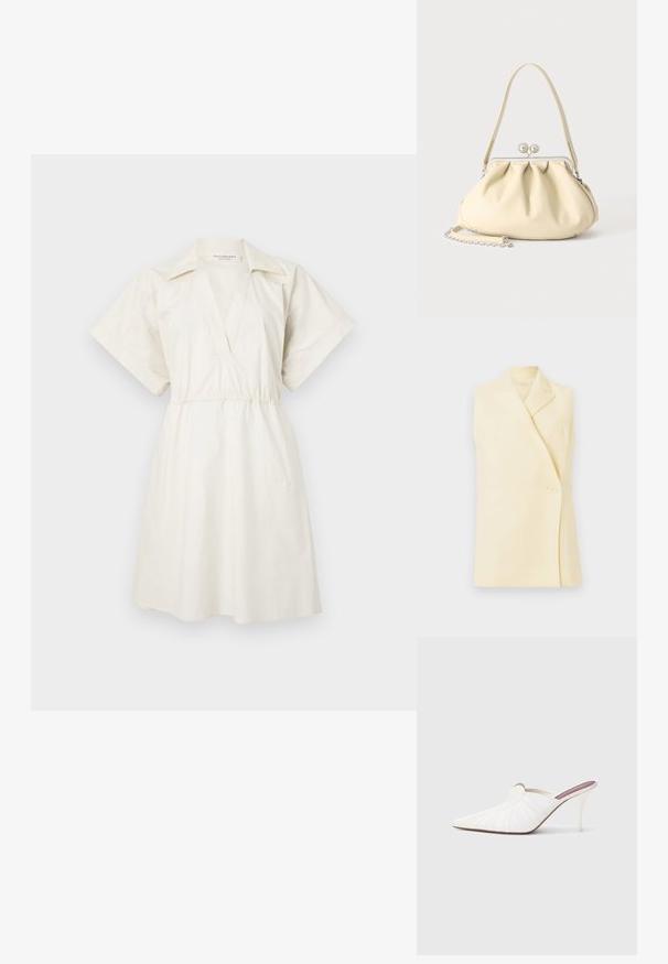 Ärmelloser gelber Blazer mit Spitzkragen, Einzelknopfverschluss und taillierter Form. Sanfter Stoff mit glatter Struktur.; Weißes Kurzarmkleid mit V-Ausschnitt und geraffter Taille, aus leichtem Stoff, mit lockerem Schnitt und minimalen Details.; Weiße Mules mit spitz zulaufender Spitze, plissierter Textur am Obermaterial und schlankem Stilettoabsatz. Glatte Oberfläche und minimalistisches Design.; Cremafarbene weiche Lederhandtasche mit gerafftem Design, silbernem Rahmenschloss, kurzem Griff und abnehmbarem Kettenriemen.