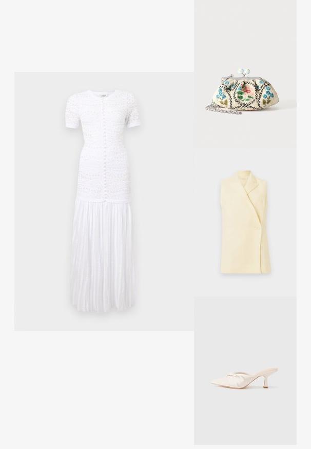 Blazer jaune sans manches avec un col à revers, une fermeture à bouton unique et une coupe ajustée. Tissu doux avec une texture lisse.; Robe maxi blanche à manches courtes avec fermeture à boutons à l'avant, broderie florale texturée sur le corsage, et détails de jupe plissée.; Chaussure mule en tissu beige clair avec un design noué à l'avant, bout pointu et talon fin et effilé. Texture lisse dans l'ensemble.; Petit porte-monnaie en tissu à fermoir avec broderie florale en perles, cadre métallique et bandoulière chaîne argentée sur un fond uni clair.