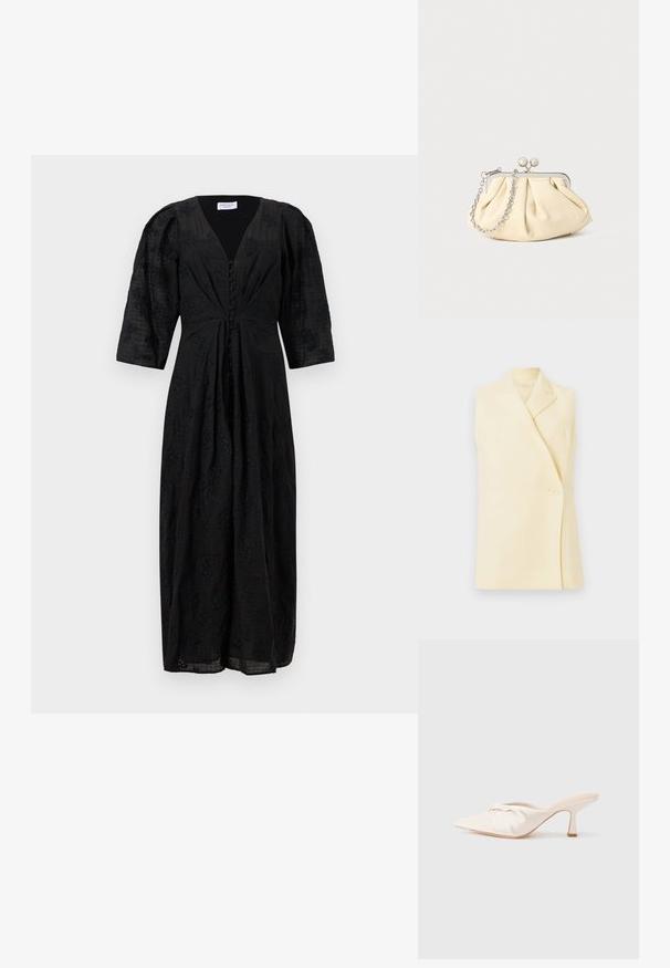 Mouwloze gele blazer met een gekartelde kraag, een enkele knopenclosure en een getailleerde pasvorm. Zachte stof met een gladde textuur.; Zwarte midi-jurk met pofdriekwartmouwen, V-hals, stoffen knopen en subtiel bloemenborduursel.; Muil in lichtbeige stof met een geknoopt ontwerp aan de voorkant, een puntige neus en een slanke, taps toelopende hak. Over het geheel genomen een gladde textuur.; Geplooide beige leren clutch met een zilveren metalen frame, voorzien van twee ronde decoratieve sluitingen en een zilveren kettingriem.