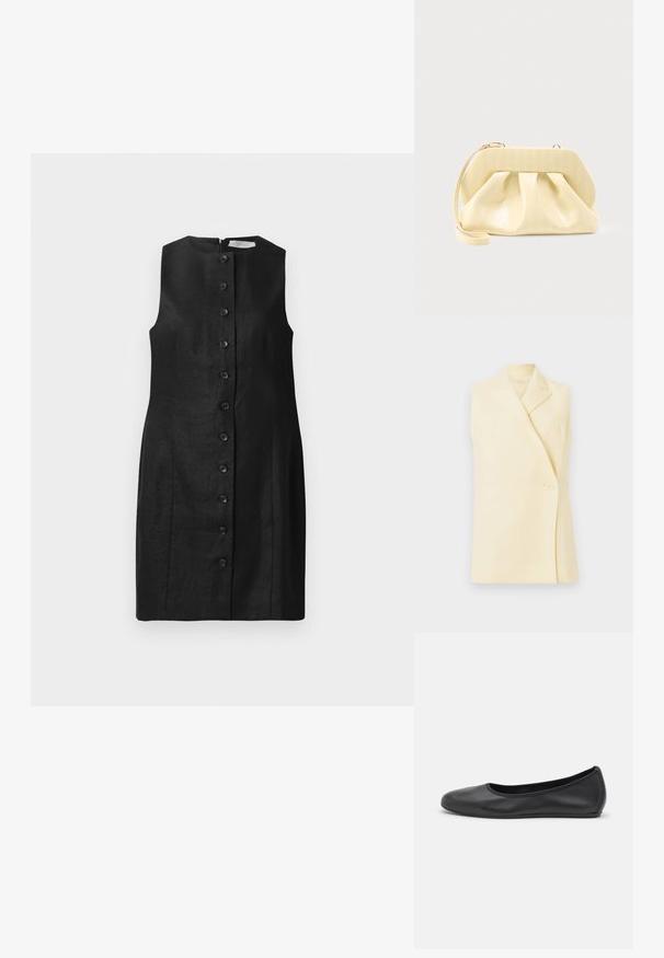 Ärmelloser gelber Blazer mit Spitzkragen, Einzelknopfverschluss und taillierter Form. Sanfter Stoff mit glatter Struktur.; Schwarzes ärmelloses Kleid aus Leinen, mit geradem Schnitt, rundem Ausschnitt und sechs vorderen Knöpfen mit glatter Textur.; Schwarze Leder-Ballettschuhe mit abgerundeter Spitze, glatter Textur, minimalen Nähdetails und einem flexiblen Sohlen-Design.; Beige-farbene Leder-Clutch mit einem festen oberen Rahmen und einem Handgelenkriemen, präsentiert vor einem schlichten hellen Hintergrund.