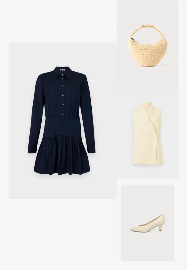 Mouwloze gele blazer met een gekartelde kraag, een enkele knopenclosure en een getailleerde pasvorm. Zachte stof met een gladde textuur.; Donkerblauw shirtjurk met een knoopsluiting aan de voorkant, lange mouwen, een getailleerde taille en een uitlopende rok met geplooide details aan de onderkant.; Crèmekleurige pumps met een puntige neus en een lage, unieke bolvormige hak op een effen witte achtergrond.; Beige geweven handtas met afgerond lichaam, ritssluiting en een korte, dikke band in een eenvoudige, gestructureerde haakstijl.