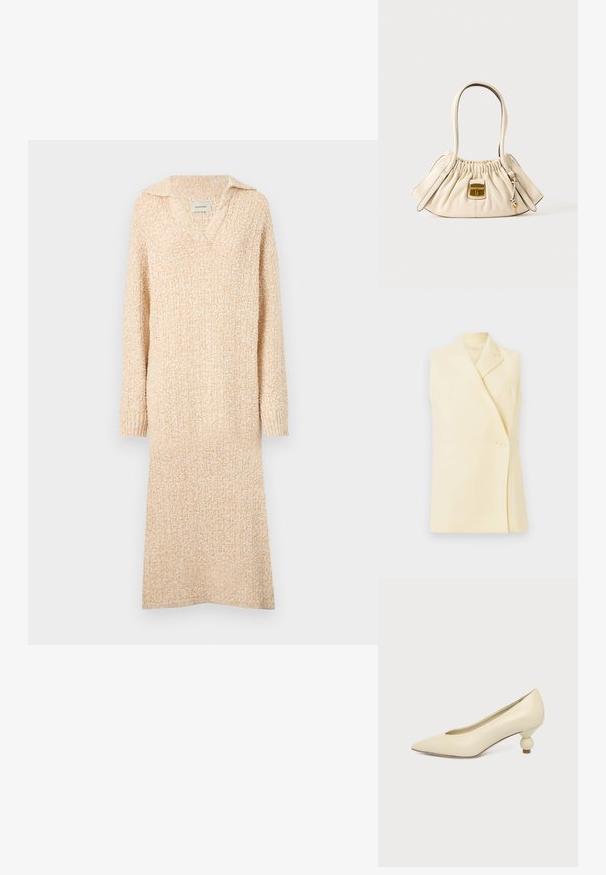 Mouwloze gele blazer met een gekartelde kraag, een enkele knopenclosure en een getailleerde pasvorm. Zachte stof met een gladde textuur.; Beige gebreide jurk met een V-hals en kraag, lange mouwen en geribde manchetten. Zachte textuur met een licht gestructureerd patroon over het geheel.; Dames schoen in roomkleur met een puntige neus en een lage, ronde balvormige hak op een effen achtergrond.; Crèmekleurige zachte leren handtas met geplooide bovenkant, twee handvatten en een kleine rechthoekige sluiting in goudkleur aan de voorkant.
