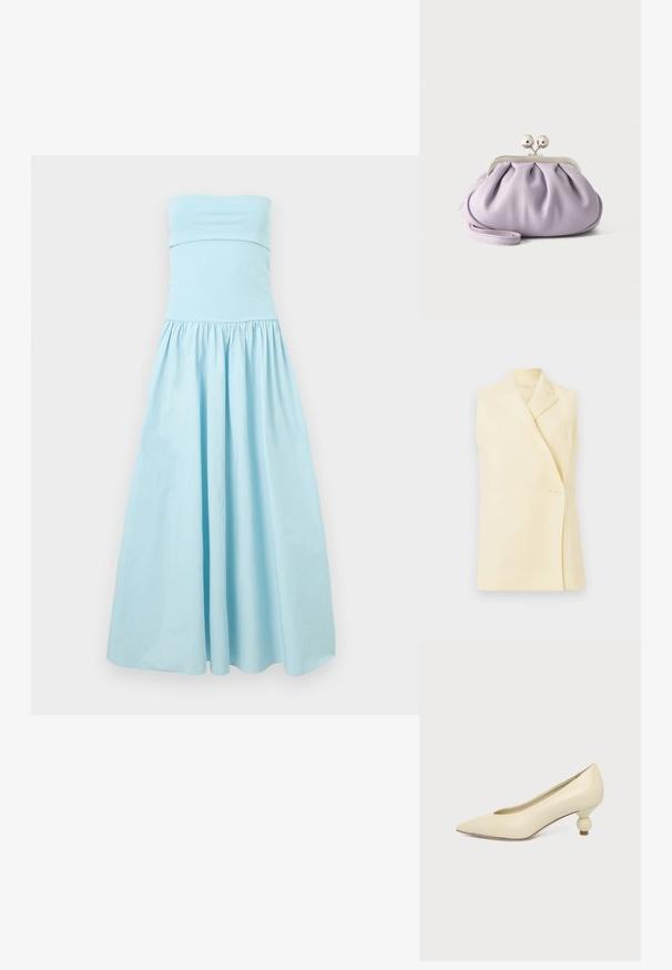 Blazer jaune sans manches avec un col à revers, une fermeture à bouton unique et une coupe ajustée. Tissu doux avec une texture lisse.; Robe maxi bleu clair sans bretelles avec taille froncée et jupe ample et fluide sur un fond neutre.; Chaussure femme couleur crème à bout pointu avec un petit talon rond en forme de boule, sur fond uni.; Pochette lavande douce avec tissu froncé, fermoir kiss-lock argenté et bracelet assorti sur un fond clair uni.