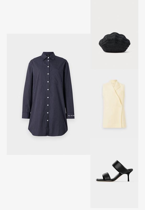 Blazer jaune sans manches avec un col à revers, une fermeture à bouton unique et une coupe ajustée. Tissu doux avec une texture lisse.; Chemise à boutons navy avec des rayures verticales, manches longues, col classique, poche poitrine unique et détail textuel sur la manche.; Sandale mule en cuir noir avec deux larges brides et un talon stiletto fin de hauteur moyenne sur un fond clair uni.; Sac à main en osier noir en forme de coquille Saint-Jacques avec un dessus courbé et une texture tressée sur un fond uni.
