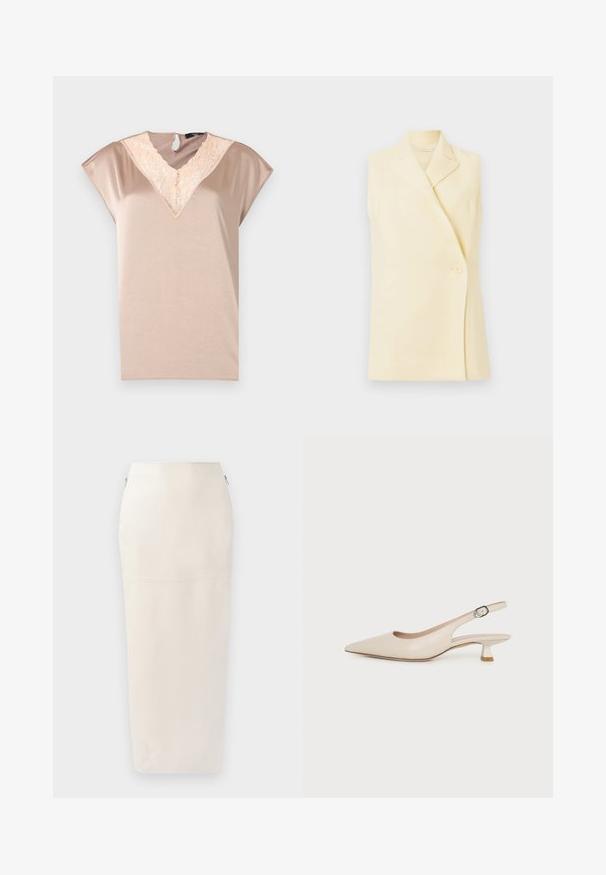 Blazer jaune sans manches avec un col à revers, une fermeture à bouton unique et une coupe ajustée. Tissu doux avec une texture lisse.; Haut à manches courtes en tissu beige doux, avec un col en dentelle en forme de V et un détail dos en forme d'œillet. Texture lisse avec une coupe décontractée.; Jupe midi crème à la silhouette ajustée, confectionnée en tissu lisse, dotée d'une fermeture éclair cachée sur le côté et de détails de couture minimalistes.; Chaussure slingback beige à bout pointu avec un petit talon kitten et une boucle latérale réglable sur fond blanc uni.