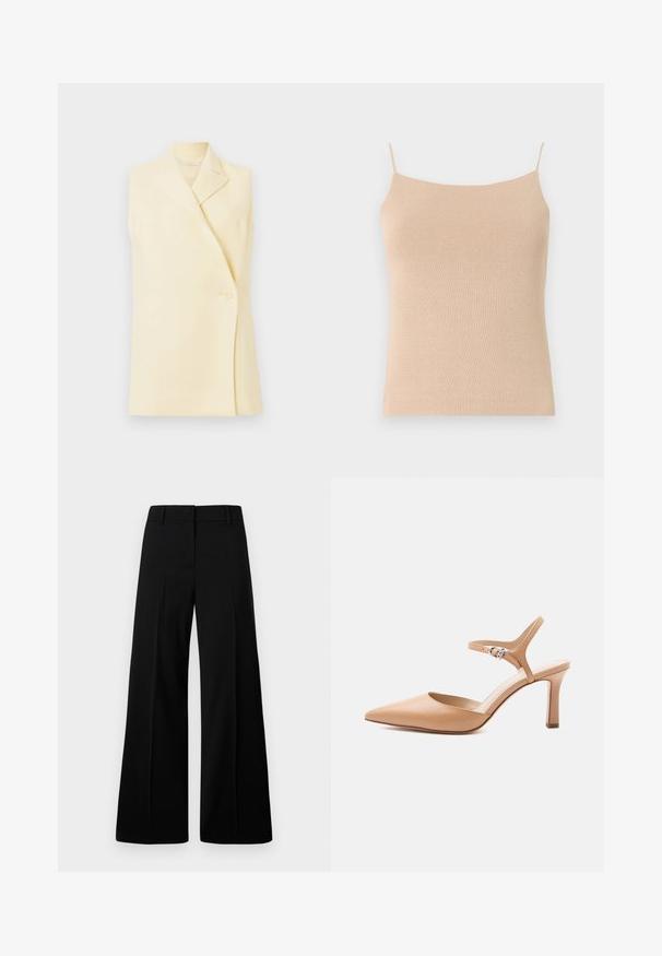 Udenærmet gul blazer med notch-krave, enkelt knaplukning og skræddersyet facon. Blødt stof med en glat tekstur.; Beige strik camisole med tynde stropper, med en tætsiddende pasform og tekstureret stof, ideel til lag-på-lag styling eller afslappet brug.; Sorte bredbenede bukser med en glat tekstur, struktureret talje og bukser foran. Minimalistisk design uden synlige metaldel.; Beige spids tå højhælede sko med ankelrem og sølvspænde på hvid baggrund.