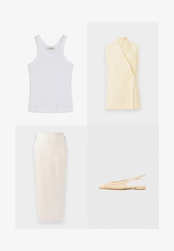 Blazer jaune sans manches avec un col à revers, une fermeture à bouton unique et une coupe ajustée. Tissu doux avec une texture lisse.; Débardeur blanc en tissu lisse, avec un col rond et des bretelles larges, comportant une étiquette à l'intérieur indiquant "IVY OAK".; Jupe midi crème à la silhouette ajustée, confectionnée en tissu lisse, dotée d'une fermeture éclair cachée sur le côté et de détails de couture minimalistes.; Chaussure plate slingback en beige clair avec une tige en maille, un bout pointu et un petit talon. Dotée d'une sangle ajustable pour un bon maintien.