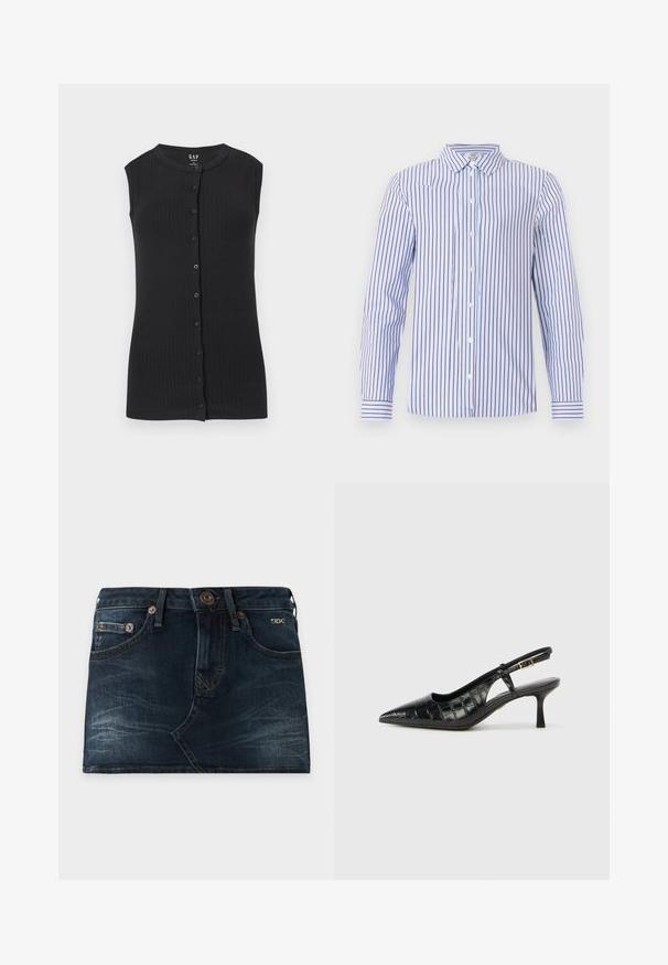 Sleeveless black ribbed knit top with round neckline and front row of black buttons, designed for women by GAP.; Light blue long-sleeve shirt with vertical dark red stripes, button-down front, and striped cuffs on a plain background.; Dark blue denim mini skirt with front button, zipper, belt loops, front and back pockets, and subtle faded details, lying flat on a white background.; Black slingback heels featuring a pointed toe and a textured, croc-embossed pattern. Includes a narrow ankle strap and a small heel.