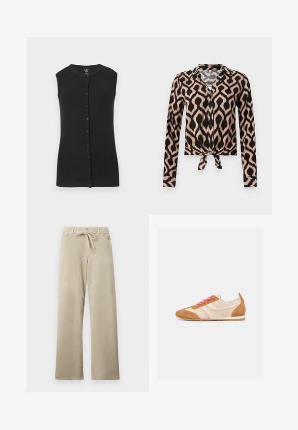 Haut sans manches en maille côtelée noire avec encolure ronde et rangée de boutons noirs à l'avant, conçu pour femmes par GAP.; Blouse à manches longues boutonnée avec col, motif géométrique abstrait noir et beige, et détail noué à l'avant à la taille.; Pantalons en velours côtelé beige à jambe large, avec poches avant, fermeture à bouton, passants de ceinture et une ceinture en tissu nouée à la taille.; Baskets décontractées marron clair et beige avec des lacets roses, des accents en daim et une semelle en caoutchouc plate, présentées de profil sur fond blanc.