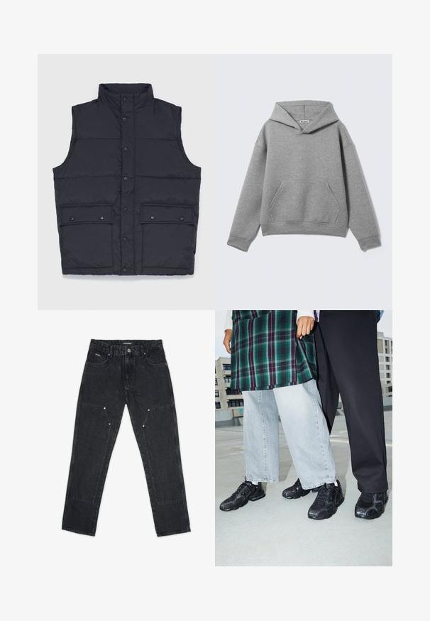 Stan Ray VEST - Weste - black; Grauer Pullover-Hoodie mit langen Ärmeln, vordere Kängurutasche und einem "Weekday"-Etikett im Nackenbereich.; Pegador VINTO CARPENTER - Carpenter Jeans - washed black; Schwarze Sportschuhe mit Mesh- und Gummielementen. Kombiniert mit hellgrauen weiten Jeans und einem karierten grünen Oberteil. Flacher Hintergrund.