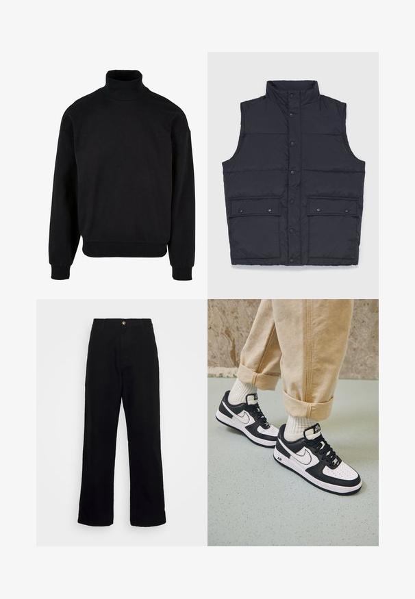 Stan Ray VEST - Weste - black; Schwarzes Rollkragen-Sweatshirt mit lockerer Passform, langen Ärmeln und gerippten Bündchen. Aus einem weichen, strukturierten Stoff gefertigt.; Schwarze Hosen aus schwerem Stoff mit geradem Beinschnitt, Fronttaschen, Reißverschluss und einem einzelnen metallischen Knopfverschluss.; Schwarz-weiße Nike Air Force 1 Sneaker mit einem Obermaterial aus Leder, perforierter Zehenpartie und strukturiertem Sohlendesign, getragen mit aufgerollten beigen Hosen und weißen Socken.