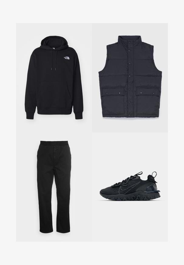 Stan Ray VEST - Vest - black; Must see kõrge kvaliteediga must kapuutsiga särk, mis on valmistatud pehmest kangast. Särgil on ees tasku, reguleeritav kapuuts ja väike valge logo vasakul rinnal.; Must mustrid püksid elastse vöökohtaga, sirged sääred ja küljetaskud. Sile tekstuur ilma mustrite või aksessuaarideta.; Must mustreesne tossudega, millel on hingav võrkmaterjalist pealis, tekstureeritud detailid ja laineline kummist tallaosa. Omab peegelduvat logo ja sidumise süsteemi.