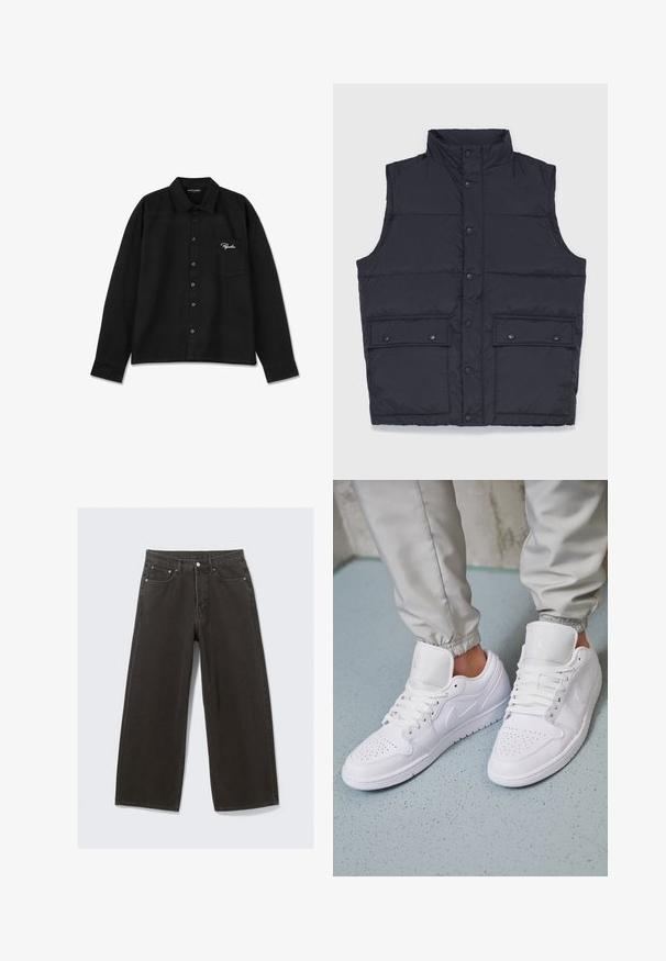 Stan Ray VEST - Vesta - black; Čierna košeľa s dlhým rukávom vyrobená z tkaniny, s golierom, zapínaním na gombíky, jedným vreckom na hrudi a vyšitým logom v bielej farbe na vrecku.; Široké čierne deniminové džínsy majú vysoký pás, dizajn s piatimi vreckami a zapínanie na gombík. Tkanina má mäkký, textúrovaný povrch.; Biele kožené tenisky majú perforovaný špičku, ploché šnúrky, polstrovaný golier a logo Jordana na jazyku. Nosia sa s šedými joggermi.