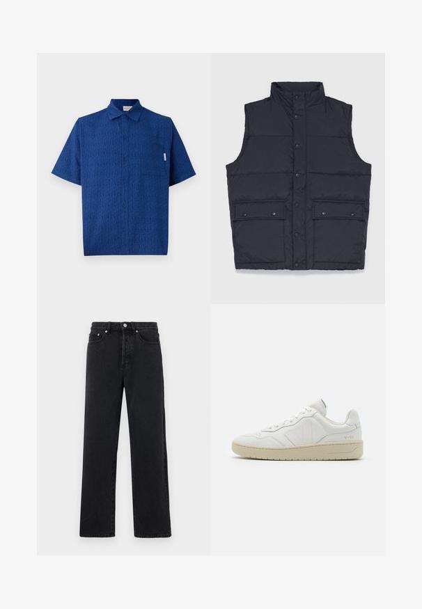 Stan Ray VEST - Vest - black; Kortærmet blå skjorte lavet af tekstureret stof med et subtilt mønster, en knaplukning foran og en enkelt brystlomme.; Sorte denim straight-leg jeans med høj talje, fem lommer og metalknaplukning. Stof har en glat tekstur og let glans.; Hvide lædersneakers med struktureret overflade og polstret krave. Har en beige gummisål og diskret branding på hælen og siden.