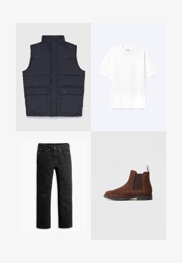 Stan Ray VEST - Veste sans manches - black; T-shirt blanc uni à manches courtes et col rond avec une coupe décontractée, présenté sur un fond clair.; Jean en denim noir à jambe droite avec cinq poches, passants de ceinture et fermeture par bouton à la taille, disposé à plat sur un fond blanc.; Botte Chelsea en daim brun avec des panneaux latéraux élastiques, une languette et une semelle noire. Texture lisse avec un design à bout arrondi.