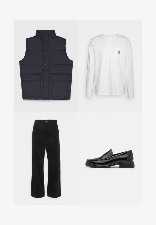 Stan Ray VEST - Vest - black; Langærmet hvid skjorte lavet af bomuld, med en brystlomme og et kvadratisk logomærke. Simpelt design med rund udskæring og manchetter.; Sorte cordfløjsbukser med vide ben og en glat tekstur, med knaplukning foran og to sidelommer.; Sorte læder loafers med en rund tå, der har en syet detalje over vristen og en lav blokhæl. Glat tekstur og blank finish.