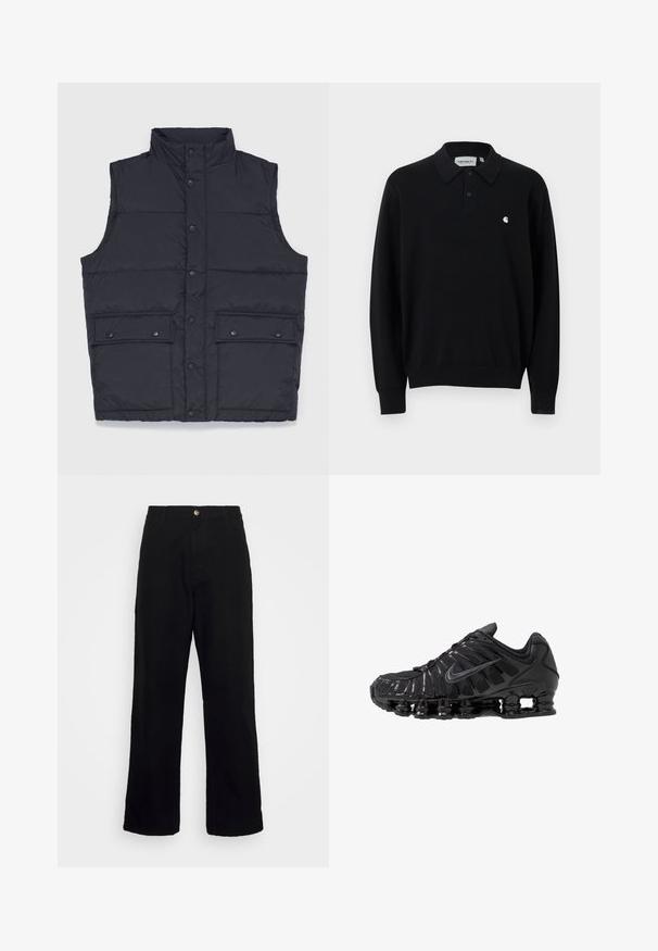 Stan Ray VEST - Liivi - black; Musta pitkähihainen poolopaita, jossa on kaksi nappia, resorit hihansuissa ja helmassa sekä pieni valkoinen Carharttin logo vasemmassa rinnassa.; Mustat housut, jotka on valmistettu raskasta kangasta, suoran lahkeen muotoilu, etutaskut, vetoketjusulku ja yksi metallinen napitus.; Mustat urheilukengät, jotka on valmistettu verkkokankaasta ja synteettisistä materiaaleista. Niissä on erottuva aaltoileva kuvio, musta kumipohja ja heijastavia yksityiskohtia.