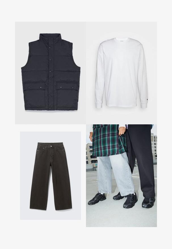Stan Ray VEST - Chaleco - black; Camiseta blanca de manga larga hecha de algodón. Diseño de cuello redondo con puños acanalados y un pequeño logo en la manga izquierda. Textura suave.; Los vaqueros de mezclilla negros de pierna ancha cuentan con una cintura alta, diseño de cinco bolsillos y un cierre de botones. La tela tiene un acabado suave y texturizado.; Zapatillas deportivas negras con acentos de malla y goma. Combinadas con jeans de pierna ancha de color gris claro y una blusa de cuadros verdes. Fondo de superficie plana.