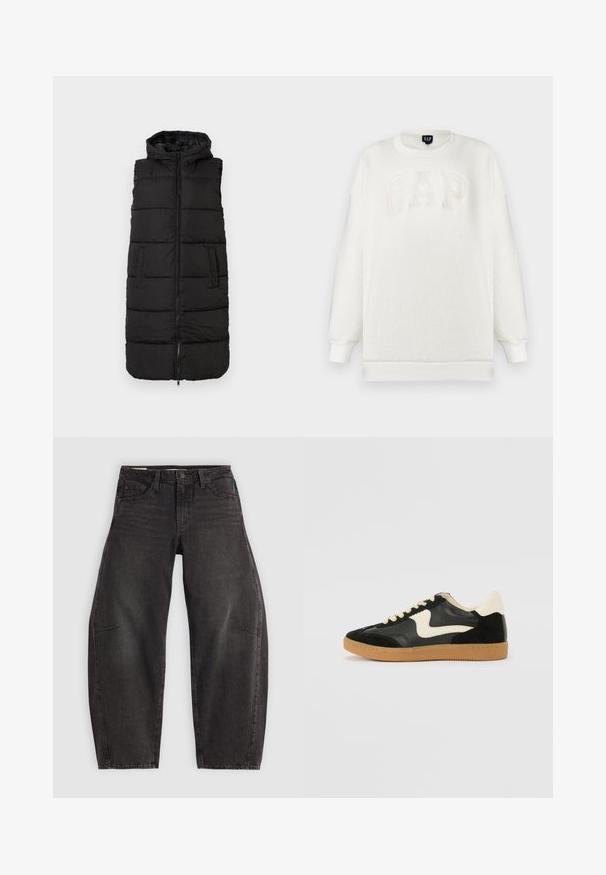 Sort puffer vest med hætte, der har en frontal lynlås, to sidelommer og vandrette quiltede sektioner til isolering.; Hvid fleece-sweatshirt med rund hals, med præget "GAP"-logo i beige. Lange ærmer med ribstrikkede manchetter og kant. Blød tekstur.; Sorte denim jeans med en afslappet pasform, der har fem lommer, knaplukning og subtil fading. Stoffet har en glat, robust tekstur.; Sorte ruskinds- og lædersneakers med en cremefarvet side-swoosh og lys cremefarvet hæl. Har beige snørebånd og en gummirubber-sål.